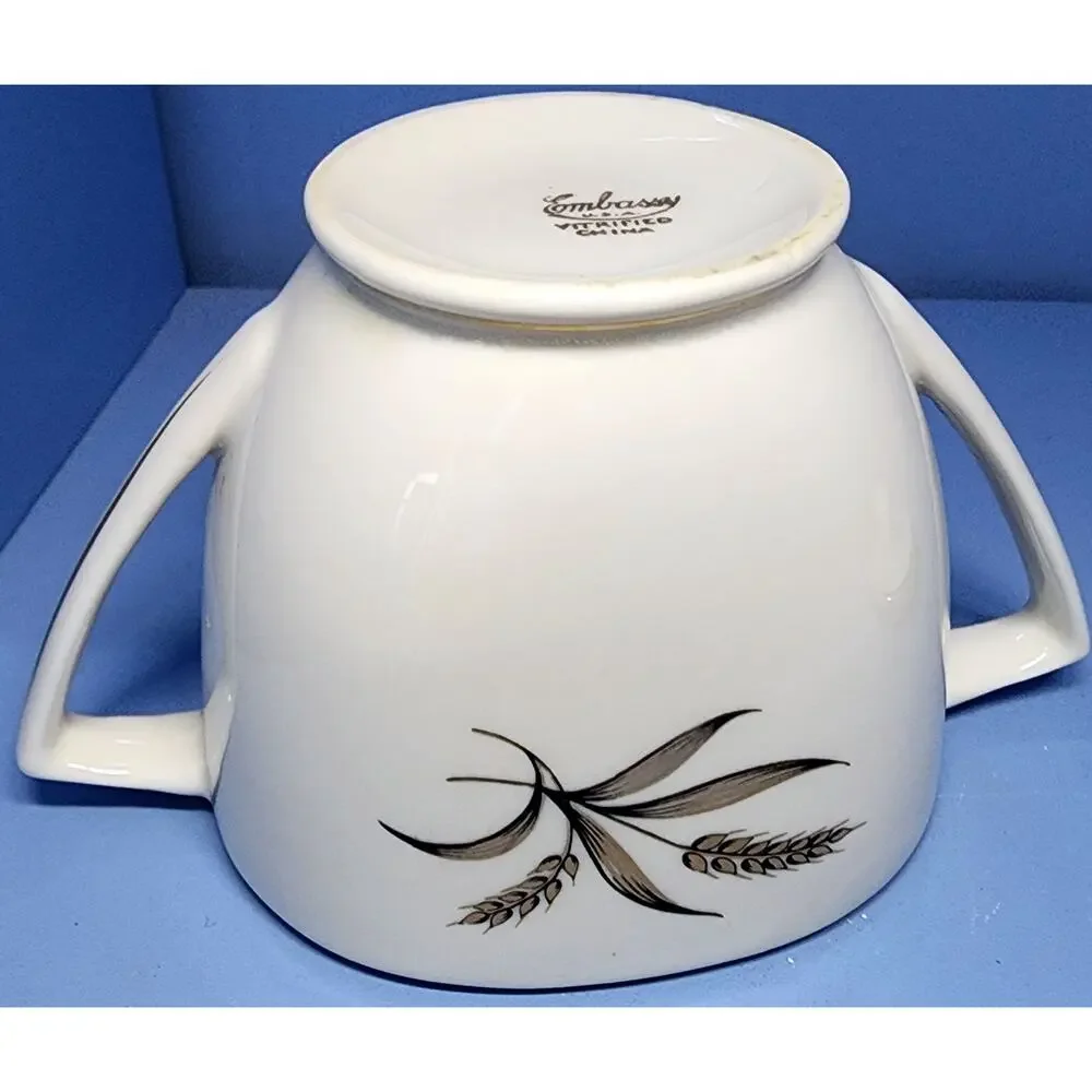 EMBASSY USA Vitrified Gold Black Wheat Pattern Sugar Bowl & Lid Pointed Handles